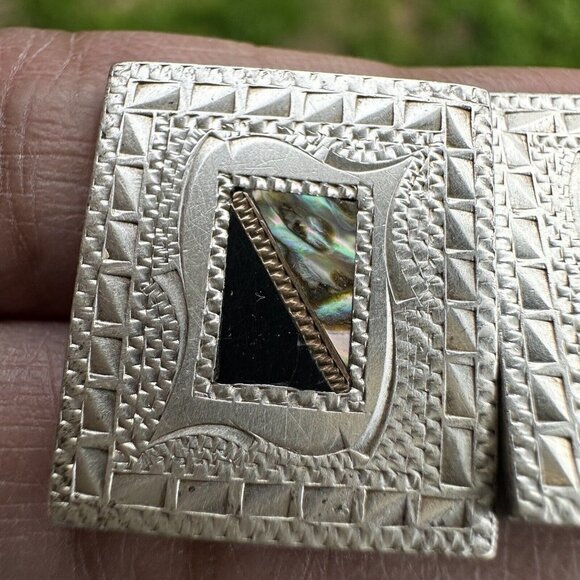 VTG Art Deco Cufflinks 0.75" Inlaid Abalone Shell Black Onyx 925‎ Sterling 21.1g - Picture 3 of 8